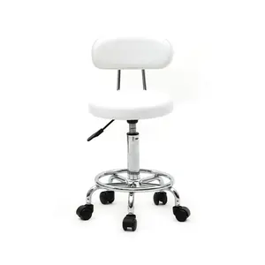 Round Adjustable Salon Stool with Back, 360° Swivel Rolling Chair, Height Adjustable PU Leather Seat for Barber Shop, Nail Salon, Tattoo Studio, Home Office, White