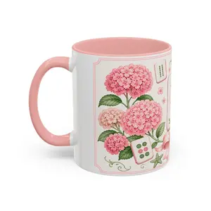 Mahjong Tile Coffee Mug Pink Floral Hydrangea, Mahjong Mom Gift, Coastal Grandmillennial Mahjong Lover Cup