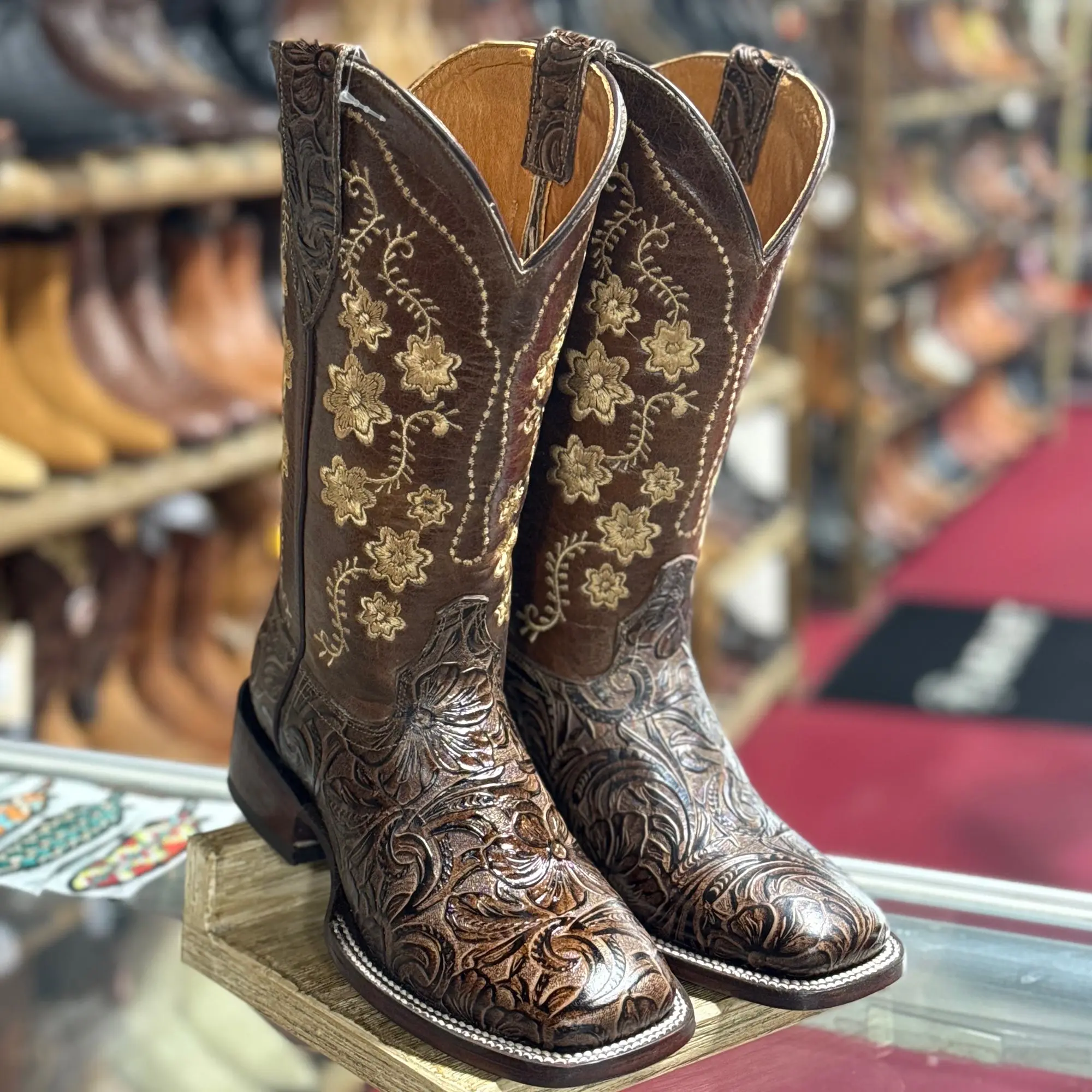 Rosario Brown Tooled Cowgirl Boots Square Toe