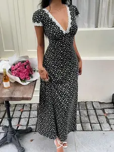 Blue Ditsy Floral Maxi Dress | Patchwork Lace V-Neck, Flared Silhouette | Summer Vacation Beach Party Cocktail Dress
