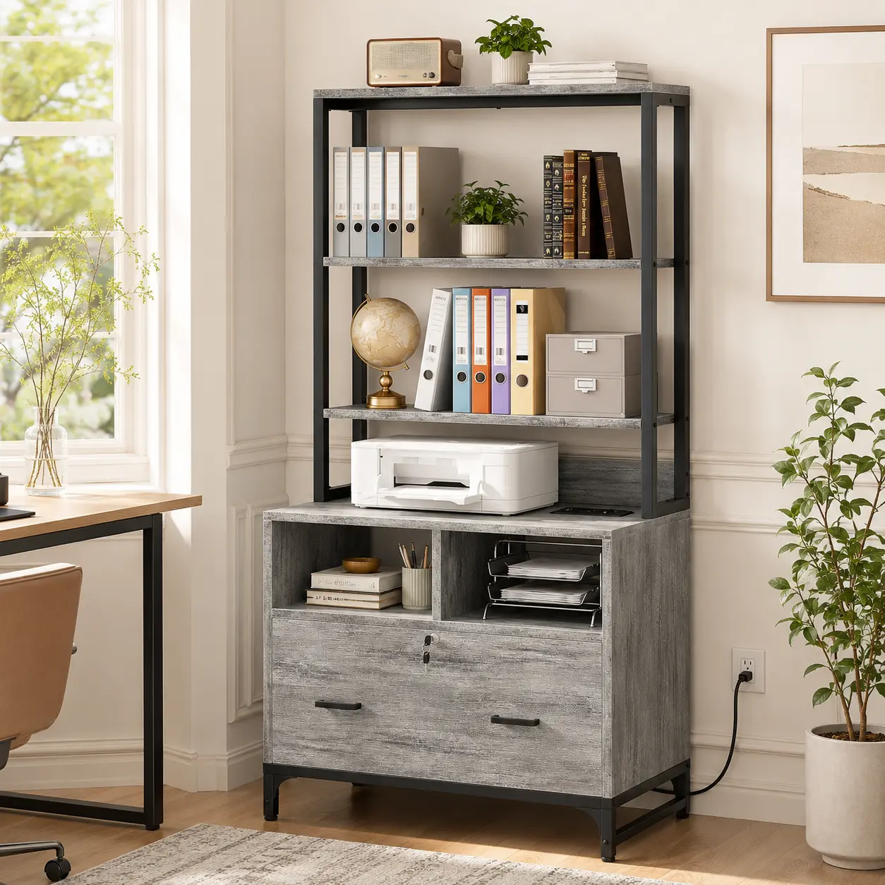 All-in-1 Office Vertical File Cabinet with Charging Station, Computer Stand, Clever Storage Drawer - Printer Stand for Space Maximization, Office Racks & Shelves