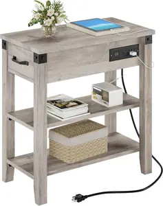 End Table with USB Ports and Outlets Flip Top Side Table Narrow Bedside Table with Drawer and Storage Shelves for Living Room Rustic Grey