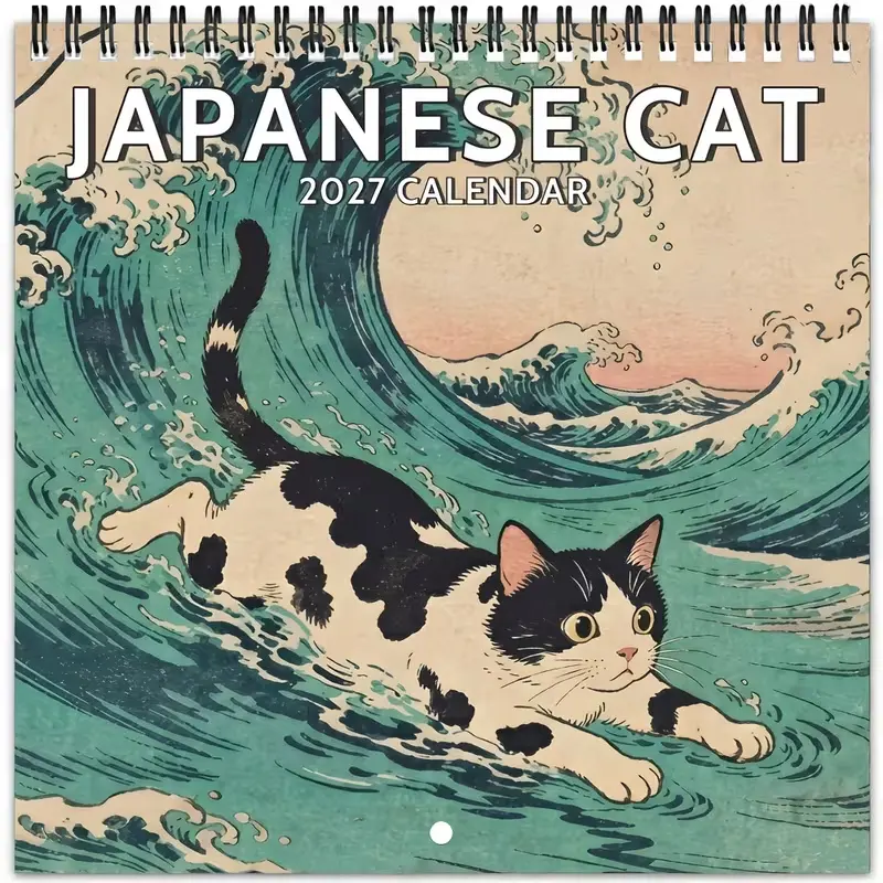 High-Aesthetic Retro Ukiyo-E Art 2027 Calendar, Exquisite Japanese Cat Painting Hanging Monthly Planner, Classic Cherry Blossom Snow Mountain Scenery Printed Design, Double-Loop Binding for Easy Hanging, Large Writing Area for Daily To-Do And Notes