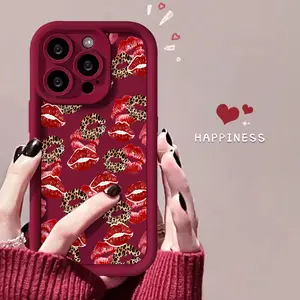 Leopard Print with Red Lips Pattern Phone Case , Soft Silicone , Fully Protected and Shockproof For iPhone 16 15 Pro Max 14 13 12 11 X Plus Cover Girl
