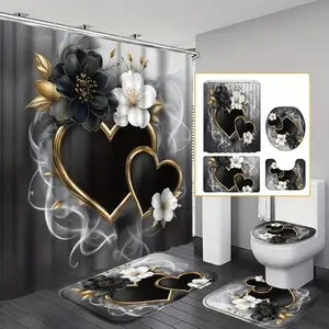 Heart-Shaped Floral Shower Curtain Set, Non-Slip Mat, U-Shape Rug, Toilet Lid Cover, Perfect for Bathroom Decoration, Includes 12 Hooks, Bathroom Decoration Accessories