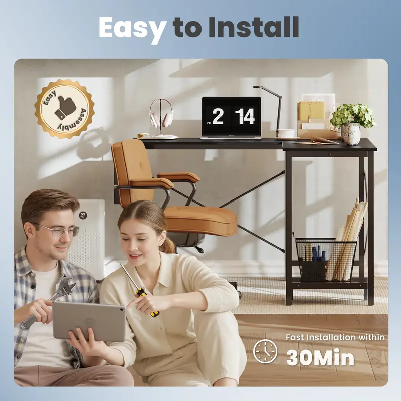 Couple easily assembling the CornerCraft L-shaped desk in 30 minutes