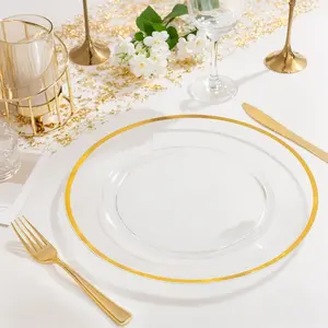 Set 8 Complete Your Table Setting with our 13-Inch Plastic Clear gold Charger Plate,Transparent acrylic Charger Plates with Gold Rim,table setting for birthday,wedding,dinner,party,non food contact, Dining Plate Set