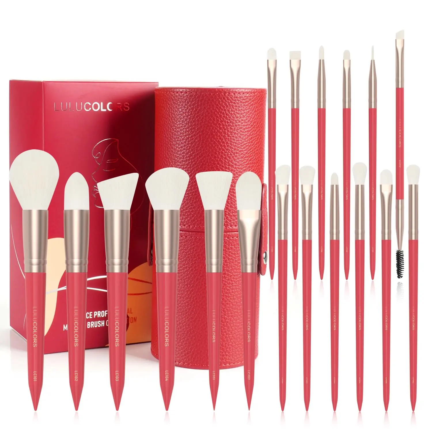 18-Piece Makeup Brush Set with Holder Case – Complete Makeup Brush Collection for Flawless Makeup Application in Red -Soft Bristles (Red) LULUCOLORS