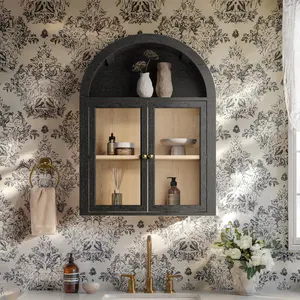 Wood Arched Storage Cabinets, Glass Wall Mounted Furniture with Floating Design, Adjustable Shelves for Bathroom, Living Room, Kitchen Organization
