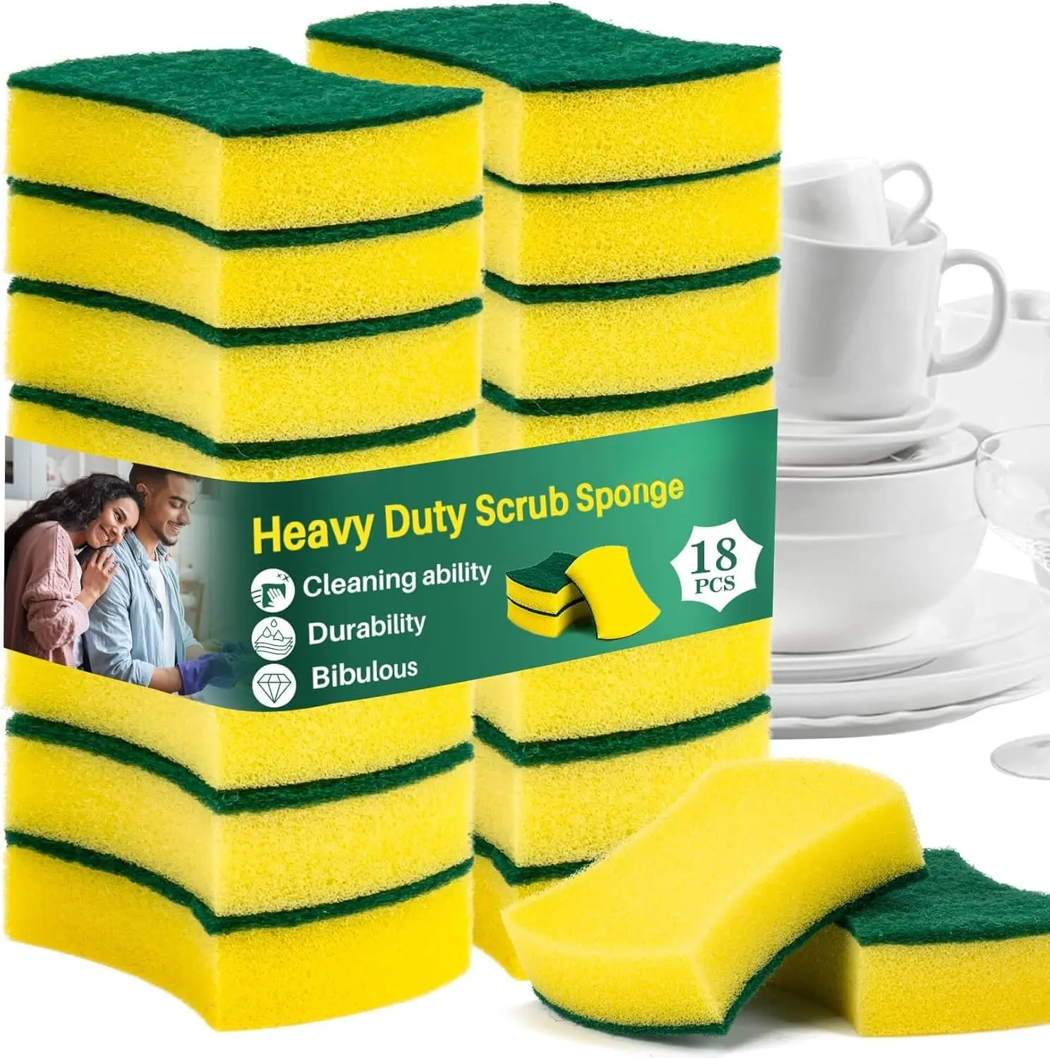 18 count Heavy Duty Scrub Sponge - Dish  Sponge Non Scratch Double Sided  Cleaning Scouring for Kitchen Dishes, Pots, Pans, Sink Bulk Household Cleaning.