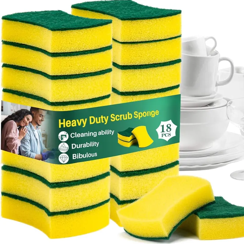 18 count Heavy Duty Scrub Sponge - Dish  Sponge Non Scratch Double Sided  Cleaning Scouring for Kitchen Dishes, Pots, Pans, Sink Bulk Household Cleaning.