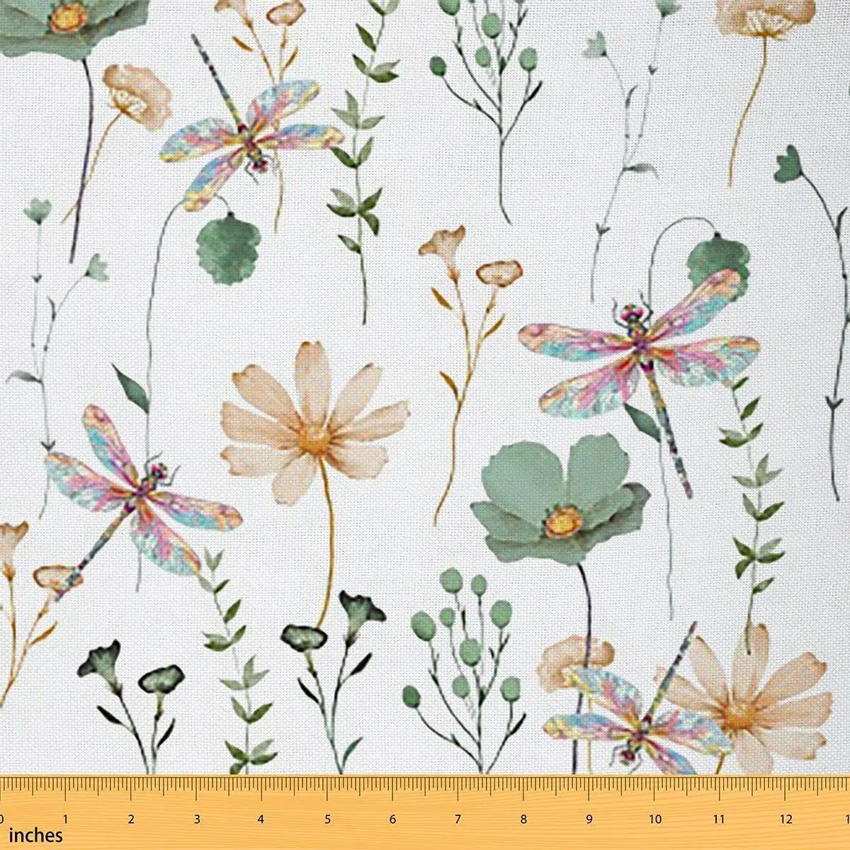 Watercolor Flower Fabric Dragonfly Sage Green Beige Waterproof Outdoor Fabrics Aesthetic Minimalist Upholstery Fabric Napkins,Dress,Diy Crafts Rustic Floral Decor