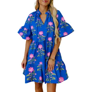 Znacicc Women’s Trendy Blue V-Neck Short Sleeve Flower Dress Soft Breathable Flared Ruffle Cuffs Adjustable Neck Tie Ideal for Garden Parties Date Nights Effortless Everyday Elegance Casual Womenswear
