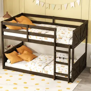 Twin over Twin Floor Bunk Bed with Panelled Headboard and Footboard Solid Rubber Wood Foundation Safety Guardrails Built-in Ladder Antique Dark Oak for Kids Bedroom Space Saving, Twin Size Options, Antique Dark Oak Color Options