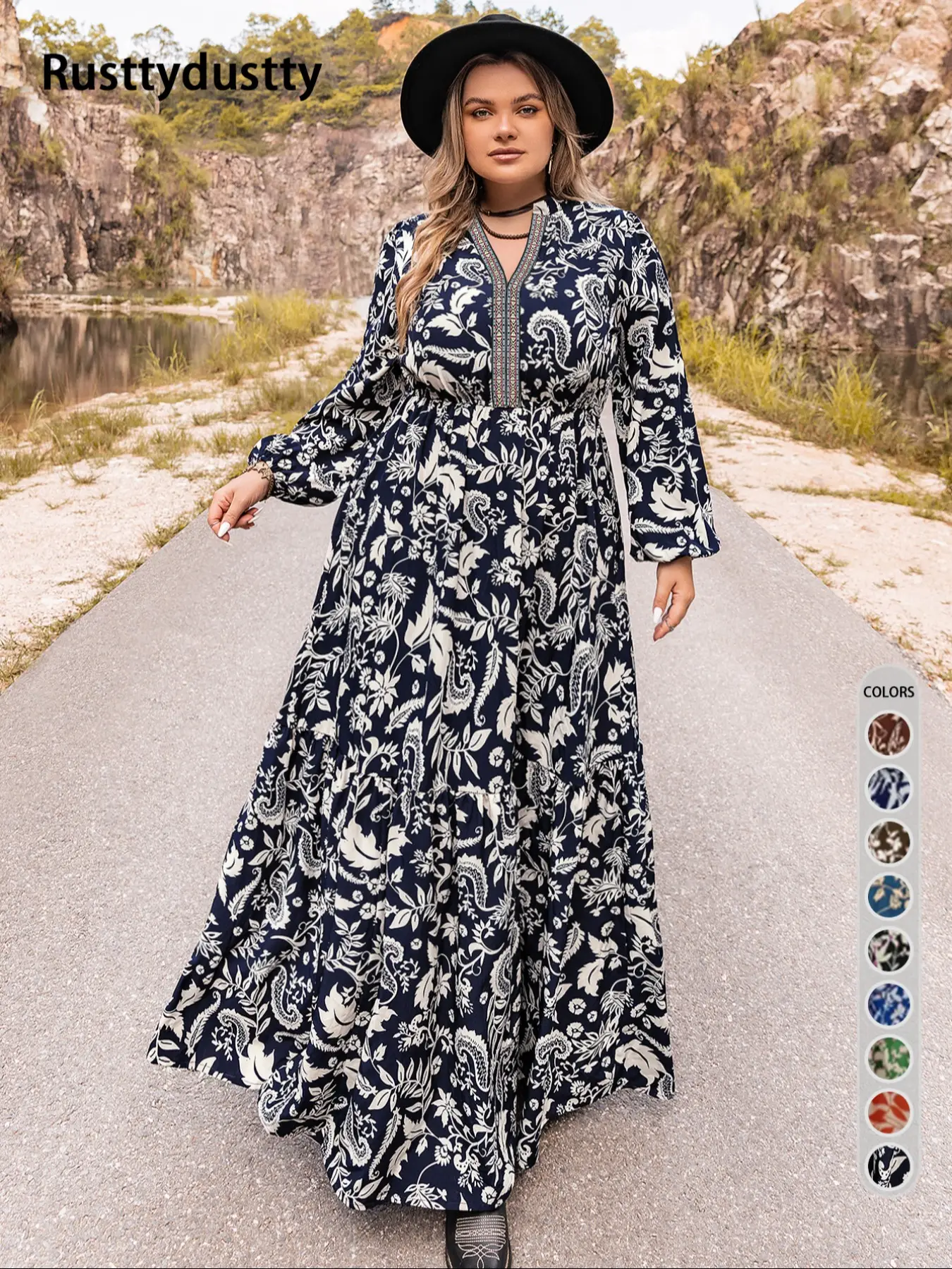 Plus Size Paisley Print Notched Neck Bishop Sleeve A Line Dress, Boho Long Sleeve Long Dress, Summer Outfits 2024, Women Plus Size Clothing