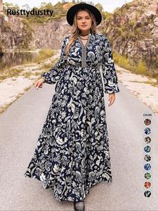 plus size paisley print notched neck bishop sleeve a line dress, boho long sleeve long dress, summer outfits 2024, women plus size clothing, womenswear, boho clothes women