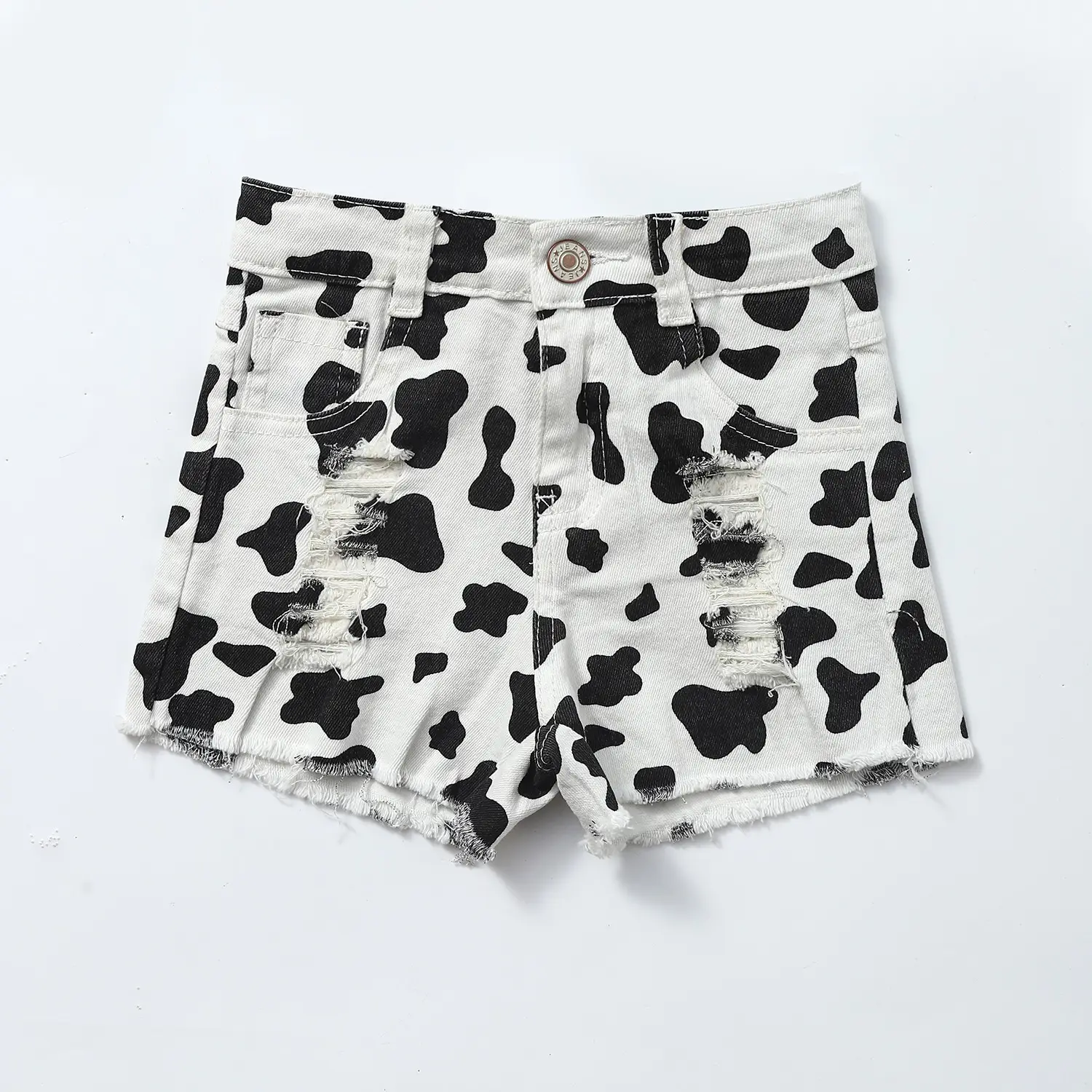 Cow Print Girls Cropped Denim Shorts