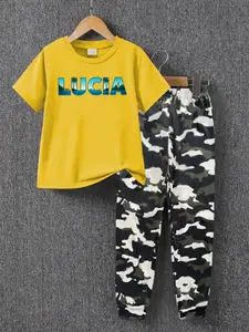 Boys' Summer Fashion Creative Letter Pattern Print Casual Short Sleeve T-Shirt + Comfortable Camo Sweatpants Set, Boys' Clothing Gift
