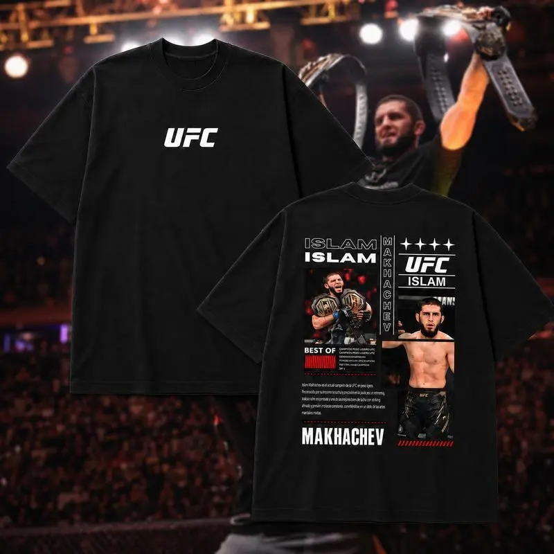 Men's Casual Minimalist Shortleeve Menswear Top - Islam Makhachev 2-Division Champion Double-Sided Graphic Tee, UFC 330 Machado Garry MMA Shirt, Shortsleeve, Tshirt, Cotton, Crew Neck
