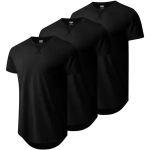 Mens 3 Pack Cotton Hipster Longline T Shirts Curved Hem Plain Hip Hop Short Sleeve Tee Fitted Casual Drop Cuts Crewneck
