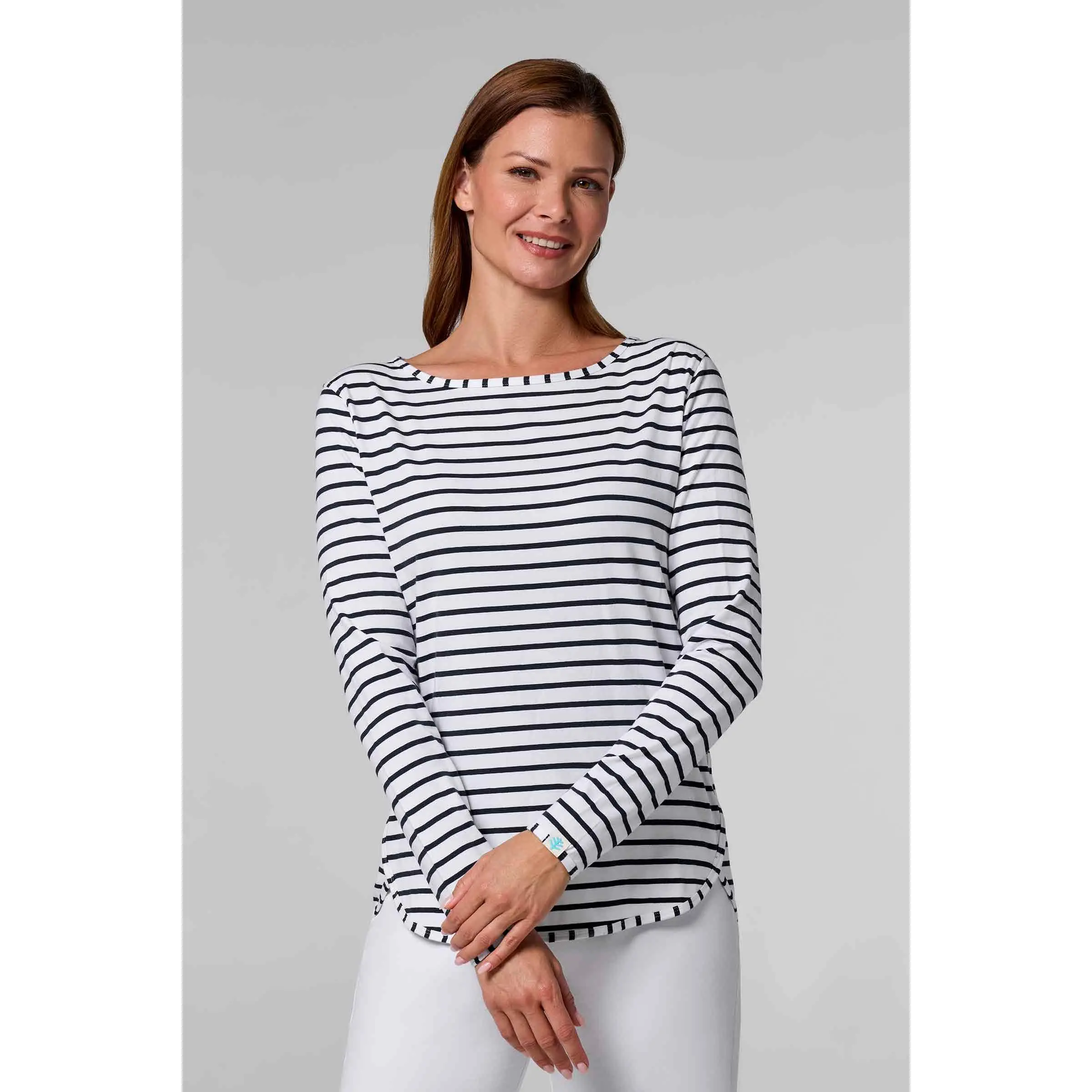 Heyday Women's Striped Side-Split T-Shirt - White/Navy, Everyday Fit, Sporty Style for Sun Wear