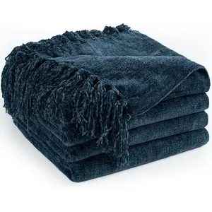 Chenille Throw for Couch 50"X 60", Throws with Fringe Tassel for Sofa Chair Cover, Lightweight Knitted Decorative Boho Blankets for Room, Navy Blue