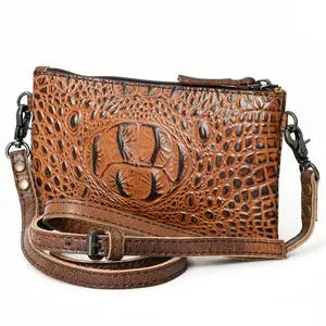 ADBG766 Croc-Embossed Genuine Leather Crossbody Bag with Zip Closure