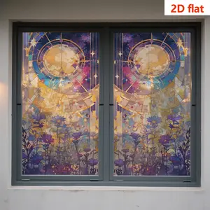 2D Static Adhesive Matte Sticker, PVC Window Film, Privacy Protection, Dreamy Starry Moon Design, Flower Garden, Home Decor