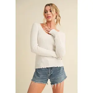 Aemi + Co Lettuce Hem Scoop Neck Long Sleeve Knit Top