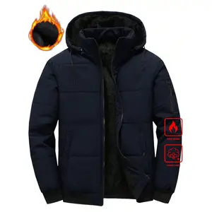 Abrigo acolchado con capucha, cremallera y manga larga de unicolor para hombre, invierno