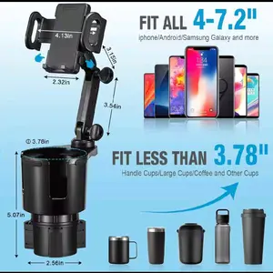 Cup Holder Expander for Car with Phone Mount, 2 in 1 Car Cup Holder Expander Adjustable Base, 360 ° Rotation, Cell Phone Holder for Car Compatible with iPhone All Smartphones
