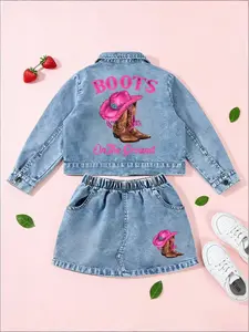 Western Style Girl Denim Two-Piece Set, Casual Fashion Set, Creative Letter Print Boots, Hat Boot Combo, Fitted Waist + Pockets, Casual All-Season Wear