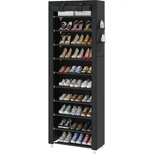 10-Tier Free Standing Shoe Rack Sturdy Shoe Rack Organizer for Closet Entryway Stackable Shoe Shelf with  Cover,Black