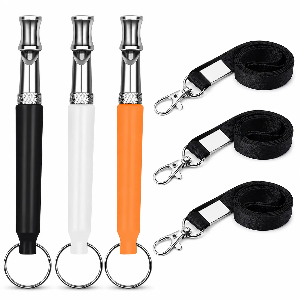 3-Pack Adjustable Dog Training Whistles with Lanyards, Portable Recall Training Aids in Black, White and Orange