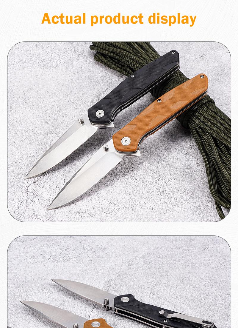 EDC multifunctional outdoor folding knife with G10 handle; convenient pocket/belt clip for easy carry; outdoor cutting tool designed specifically for climbing and fishing; a camping and hiking essential.