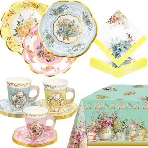 Tea Party Supplies – Floral Dinnerware Set for 12, Paper Tea Cups, Saucers, Plates, Napkins, Tablecloth