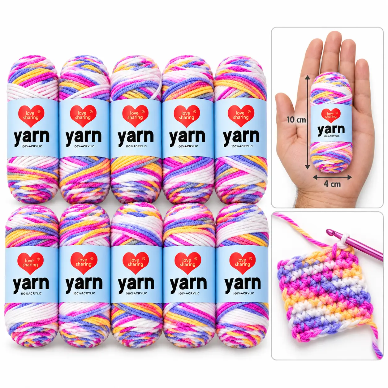 10-Pack Soft Texture Gradient Mix Acrylic Yarn Set, Knitting Yarn for Crocheting, DIY Crafts, Handmade Gifts