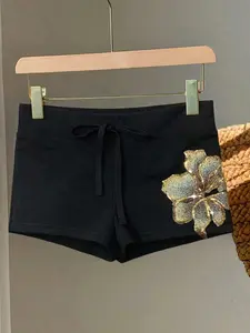 American Style Sequin Flower Embroidery Drawstring Waist Cycling Shorts, High-Waisted Elastic Slim Fit Sports Hot Pants, Casual Daily Wear