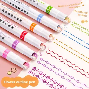 Floral Outline Curve Pen, Hand Account Pattern Brush Roller Print Pen, Highlighter Marker, Colorful Notebook Wave Line Note Maker