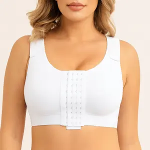 FitnFem Post Surgery Bra Top Short Sleeve Wirefree Support Shirt with Front Closure Compression Adjustable Straps for Bust Shaping Daily Wear Scoop Neck Cotton Nylon Blend