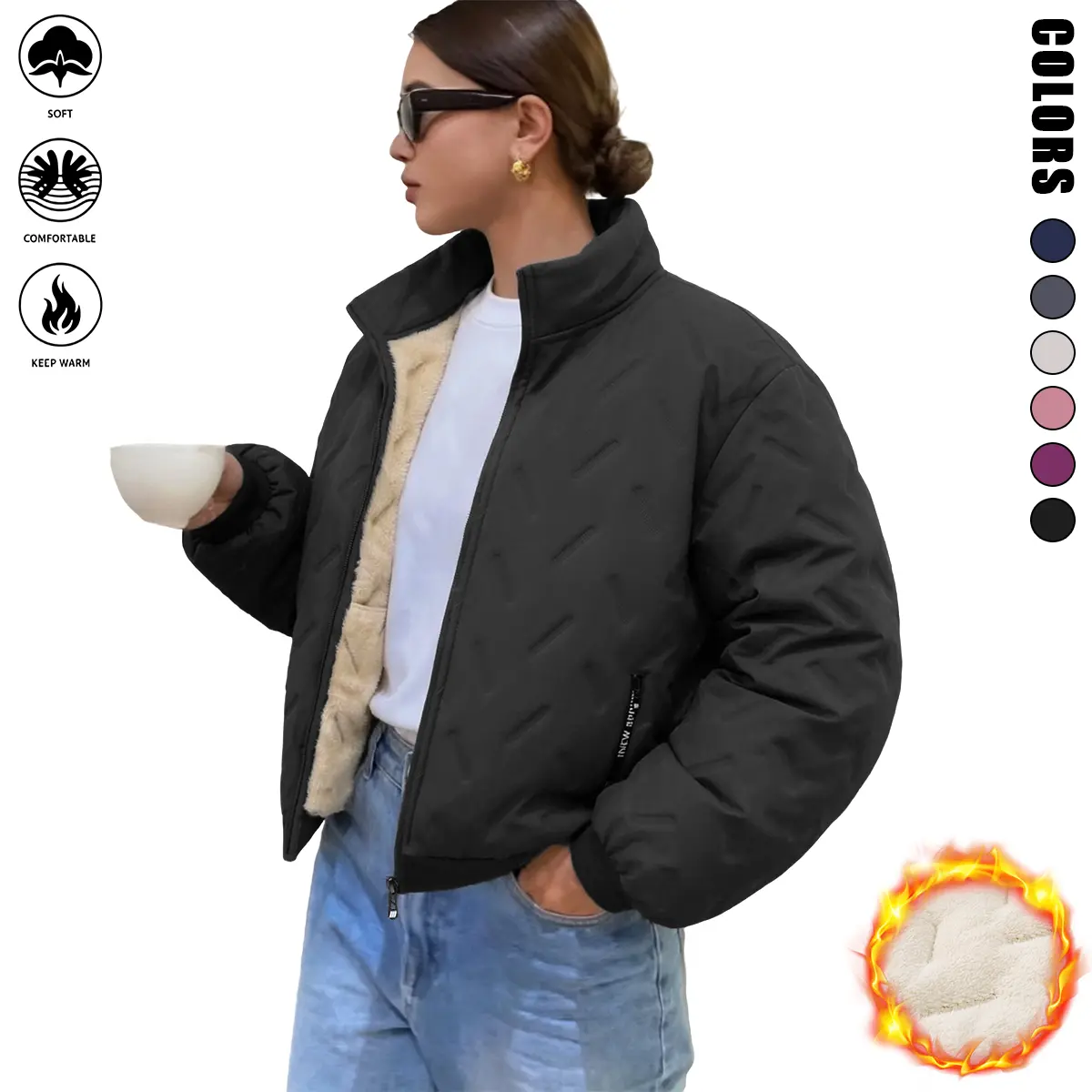 Women’s winter fleece jacket, solid color, zip closure, fleece lining for warmth and comfort, suitable for everyday wear and outdoor activities in cold weather; women’s cotton jackets, women’s jackets, womenswear