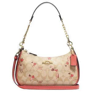 COACH Teri 23 Classic Monogram Zip Crossbody Bag for Women – Canvas and Leather, Khaki and Pink