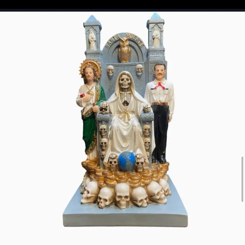 Santa Muerte Sentada En El Trono 12" Con San Judas Y Malverde Skull & Money Base