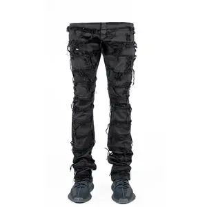 "Onyx" Stacked Denim Slim Tapered Jeans for Men - Mid Waist, Below Ankle Hem, Y2K Rock Style, 98% Cotton 2% Spandex, Five Pocket Design, Handmade Tears & Distressing, All Seasons Menswear