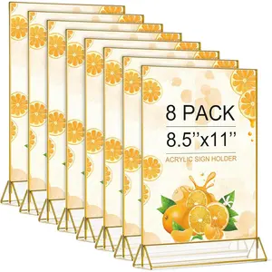 8pcs Gold Frame Acrylic Sign Holder 8.5x11 inch Double Sided Table Menu Holders for Wedding Restaurant & Events Crystal Clear Acrylic 4mm Thick Gold Borders