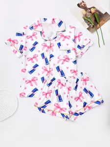 Valentine's Day Women's Heart Bow Print Pajama Set, Short Sleeve Button Top & Elastic Shorts, Casual Homewear, Loungewear, Party