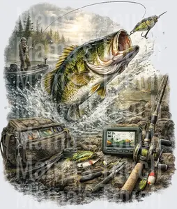 Largemouth Bass Jumping with Fishing Gear and Fish Finder