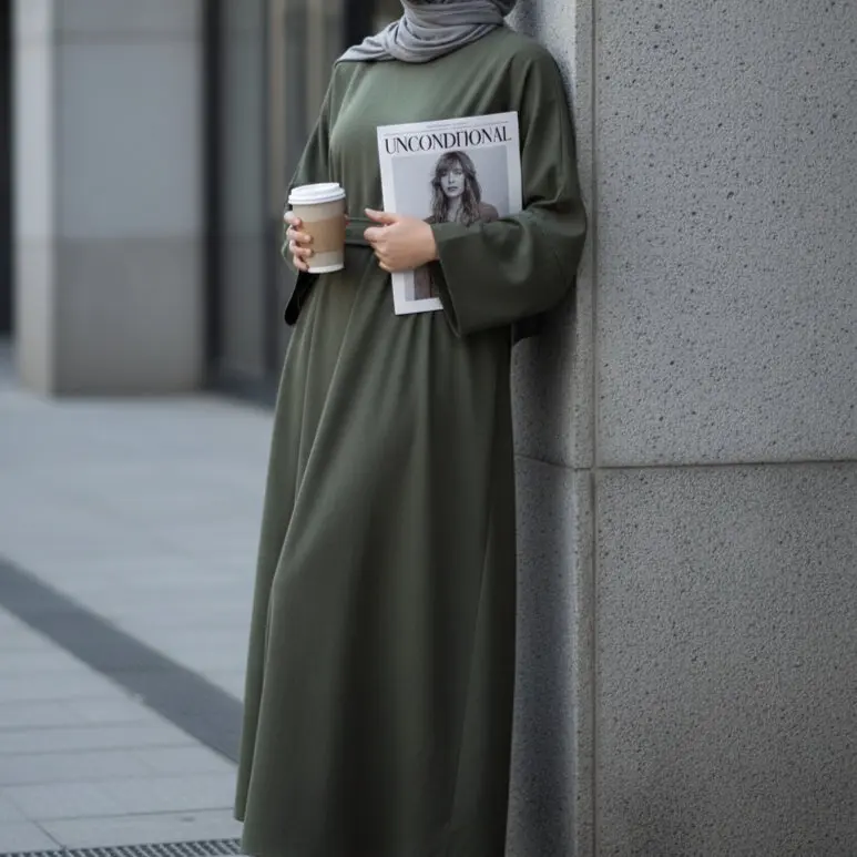 Linen-Effect Modesty Abaya for Women, Loose Long Sleeve A-Line Dress with V-Slit Cuffs, Pockets, and Removable Belt, Full Coverage, Breathable, Soft Poly‑Cotton