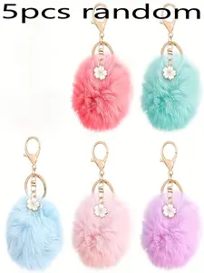 5 Random Soft Pom-Pom Keychains, Flower Pendant, Mini Plush Ends, Mint, Lavender, Light, Peach Color, Wedding Favors