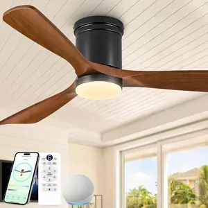 52 Inch  Flush Mount Ceiling Fan with Lights, Outdoor Low Profile Ceiling Fan with Alexa & Remote Control, 3 Solid  Propeller , Quiet Damp-Rated Modern Fan for Bedroom Living Room Patio